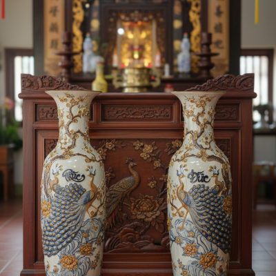 Ảnh cận cảnh tinh tế cặp lục bình Bát Tràng men...