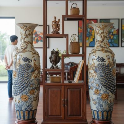 Cặp lục bình Bát Tràng men rạn họa tiết công đà...