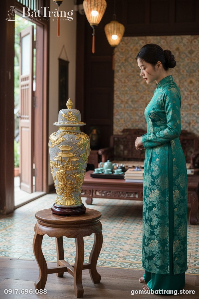 Chóe thờ men rạn dát vàng cao 80cm đặt trên đôn...