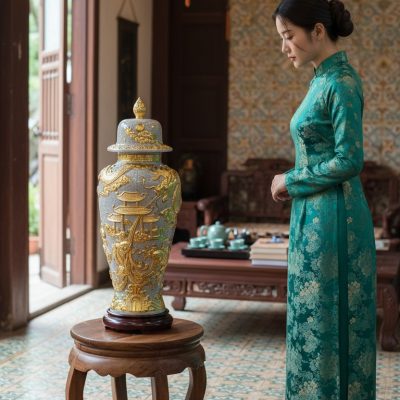 Chóe thờ men rạn dát vàng cao 80cm đặt trên đôn...