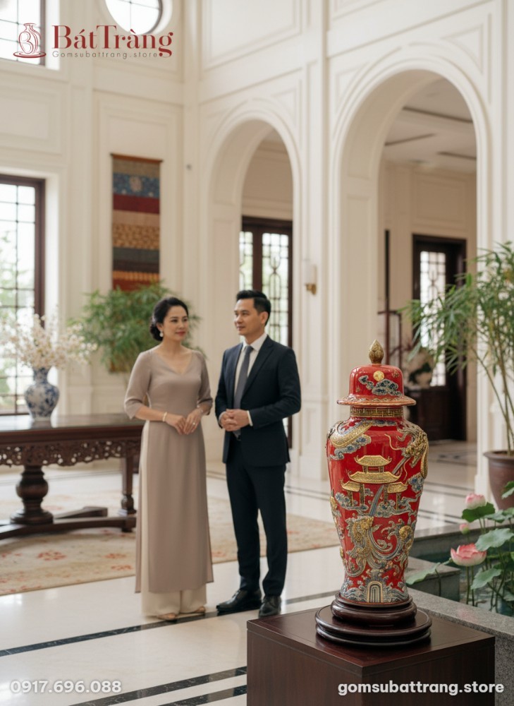 Chóe gốm sứ Bát Tràng men đỏ, với họa tiết 'Cá ...