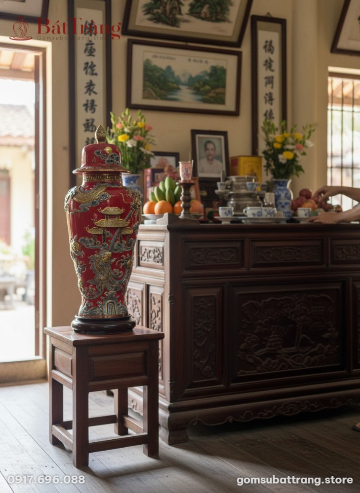 Chóe gốm sứ Bát Tràng cao 80cm, men đỏ dát vàng...