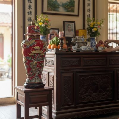 Chóe gốm sứ Bát Tràng cao 80cm, men đỏ dát vàng...