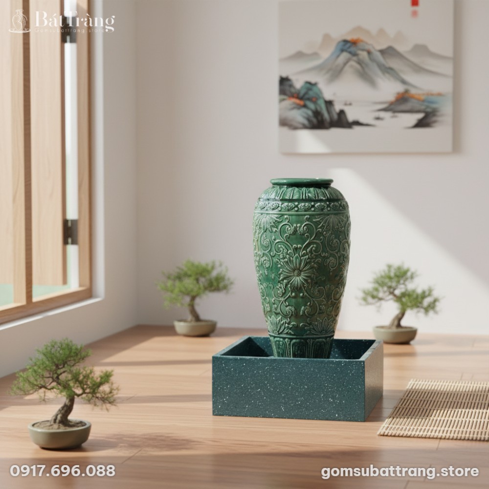 Chum nước men xanh ngọc lục bảo với họa tiết ho...