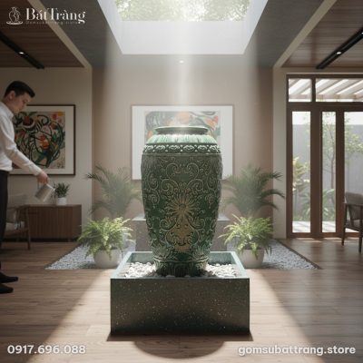 Chum nước men xanh ngọc lục bảo trên bệ đá terr...