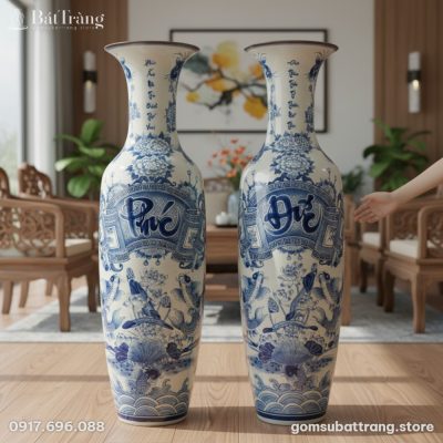 Một cặp Lộc bình men lam Bát Tràng cao 160cm, h...