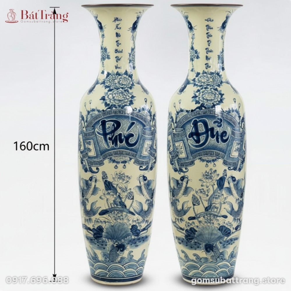 Kích thước Lộc bình họa tiết Phúc Đức men lam ST-LB03