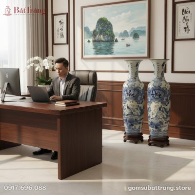 Cặp Lộc bình men lam cao 160cm, với chữ Phúc Đứ...