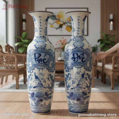 Một cặp Lộc bình men lam Bát Tràng cao 160cm, h...