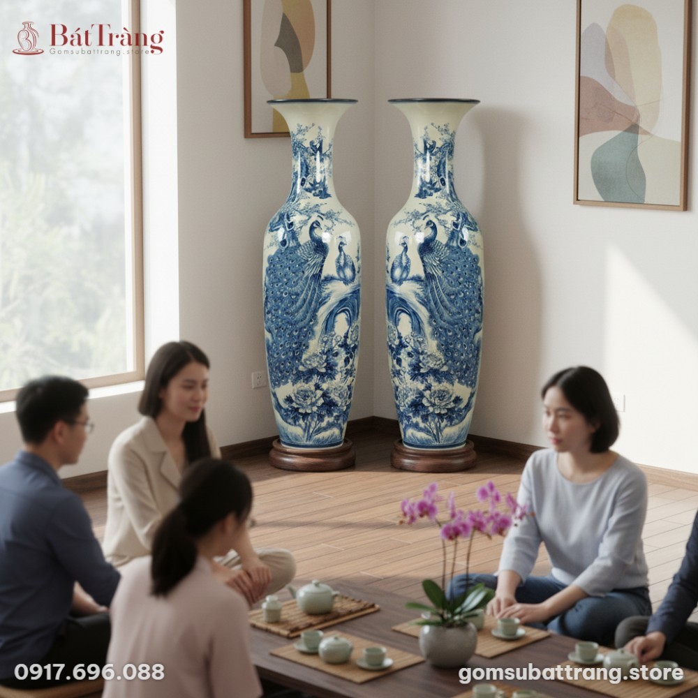 Cặp lộc bình Khổng Tước Bách Hoa xanh lam men t...