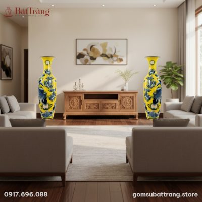Cặp lộc bình Bát Tràng men vàng 160cm họa tiết ...
