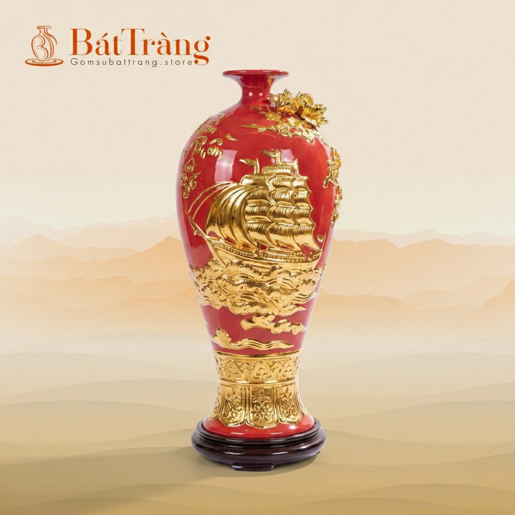 Mai bình Thuận Buồm Xuôi Gió dát vàng màu đỏ ST-MB03