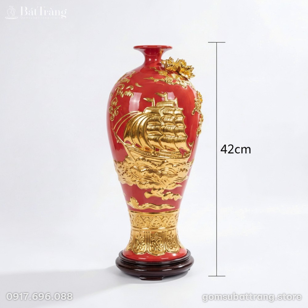 Kích thước Mai bình Thuận Buồm Xuôi Gió dát vàng màu đỏ ST-MB03