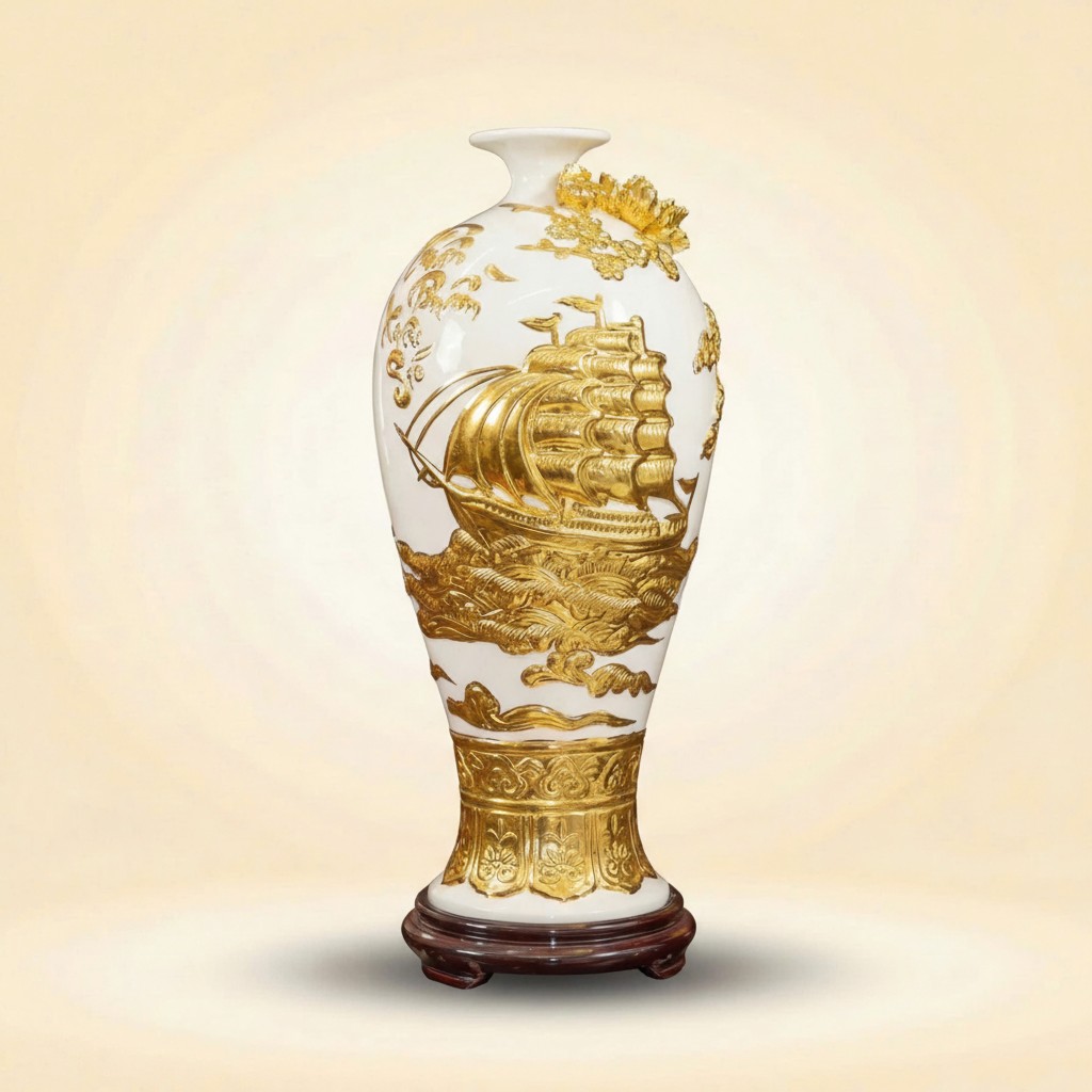 Mai bình Thuận Buồm Xuôi Gió dát vàng màu trắng BT_-MB02