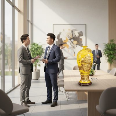 Hai doanh nhân Việt Nam thanh lịch đang trao đổ...