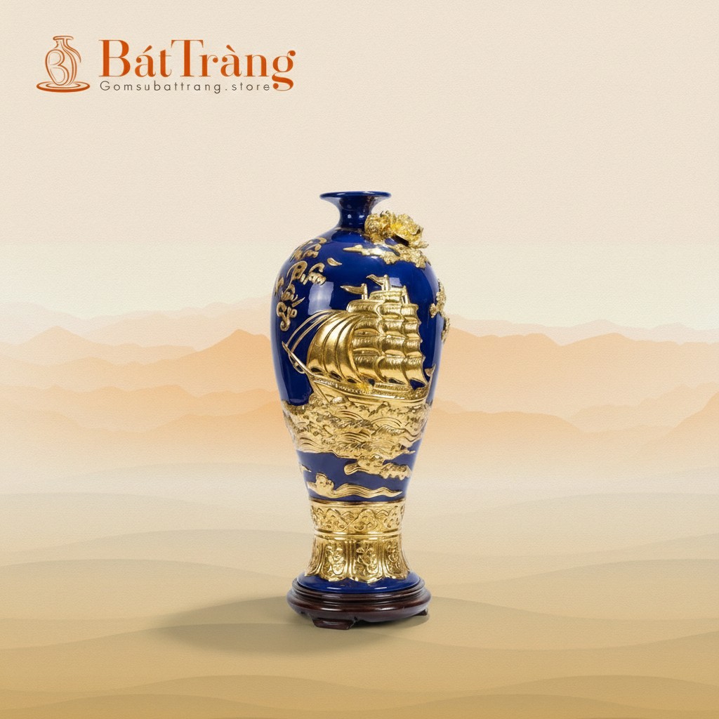 Mai bình Thuận Buồm Xuôi Gió dát vàng màu xanh coban ST-MB01