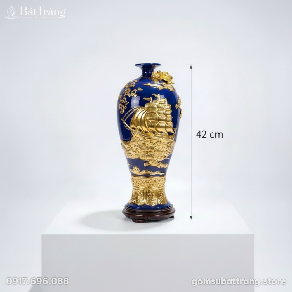 Kích thước Mai bình Thuận Buồm Xuôi Gió dát vàng màu xanh coban ST-MB01