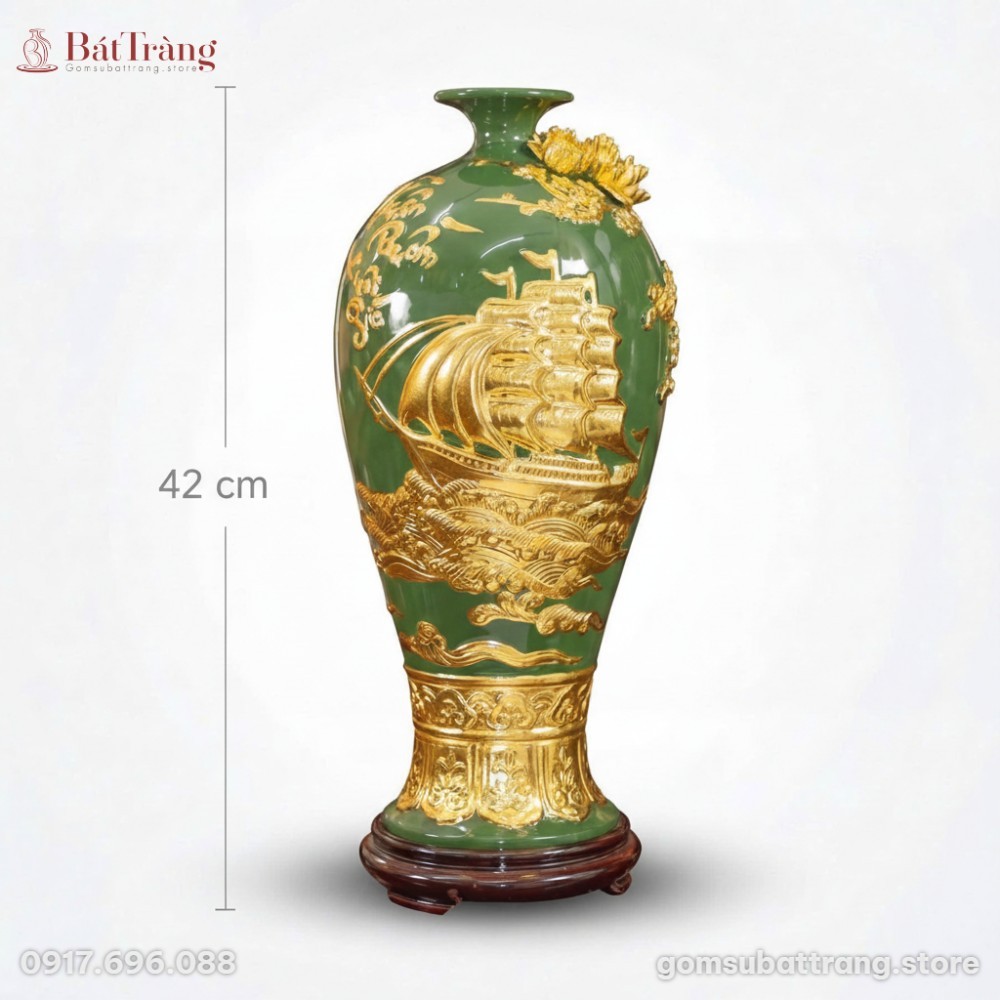 Kích thước Mai bình Thuận Buồm Xuôi Gió dát vàng màu xanh lá ST-MB04