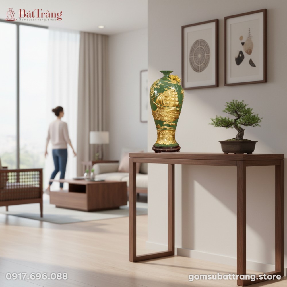 Bình Mai bình 42cm đặt trên tủ console gỗ hương...