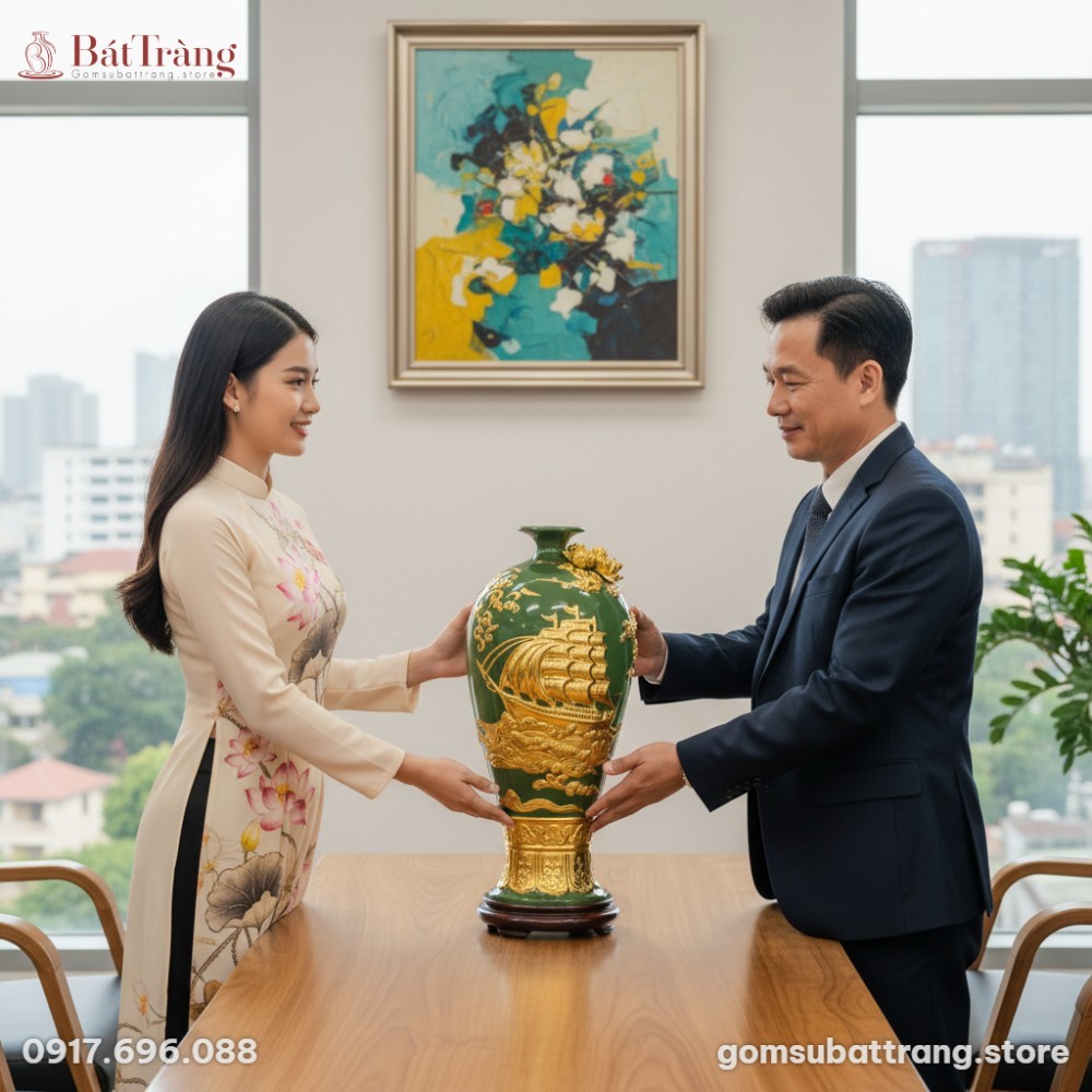 Một người mẫu thanh lịch đang trao bình Mai bìn...