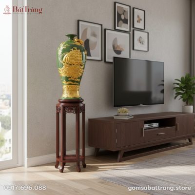 Cận cảnh bình Mai bình 42cm men ngọc xanh lục b...