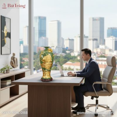 Một doanh nhân Việt Nam ngồi làm việc trong văn...