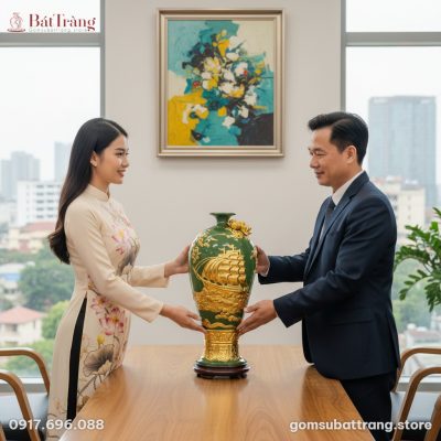 Một người mẫu thanh lịch đang trao bình Mai bìn...