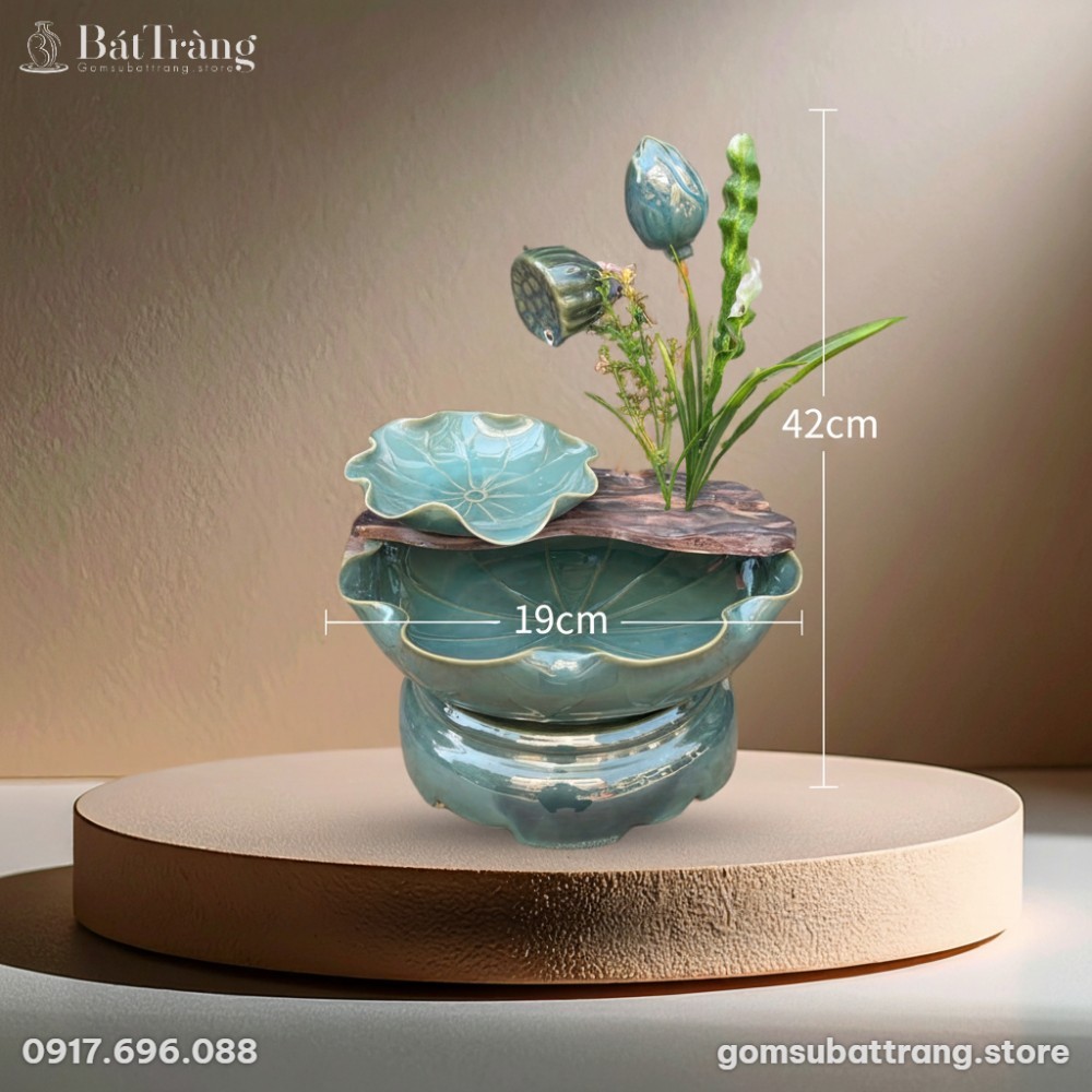 Kích thước Thác nước tiểu cảnh để bàn nụ sen men xanh ngọc hỏa biến ST-TN01