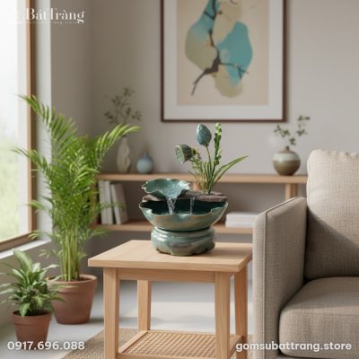 Cận cảnh thác nước tiểu cảnh nụ sen men xanh ng...