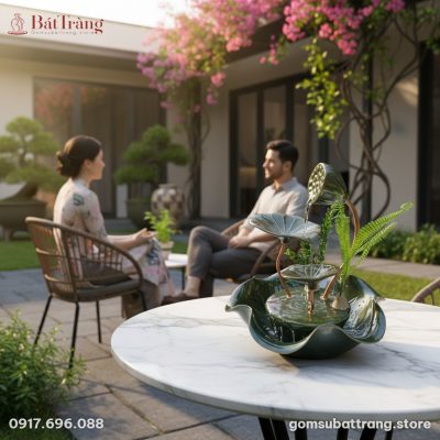 Cận cảnh thác nước tiểu cảnh nụ sen men xanh ng...