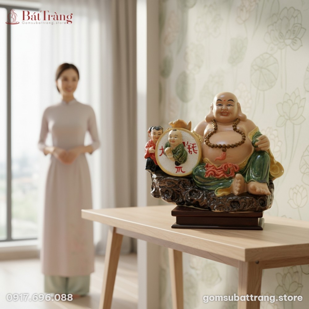 Một tượng Phật Di Lặc gốm sứ Bát Tràng đặt tran...