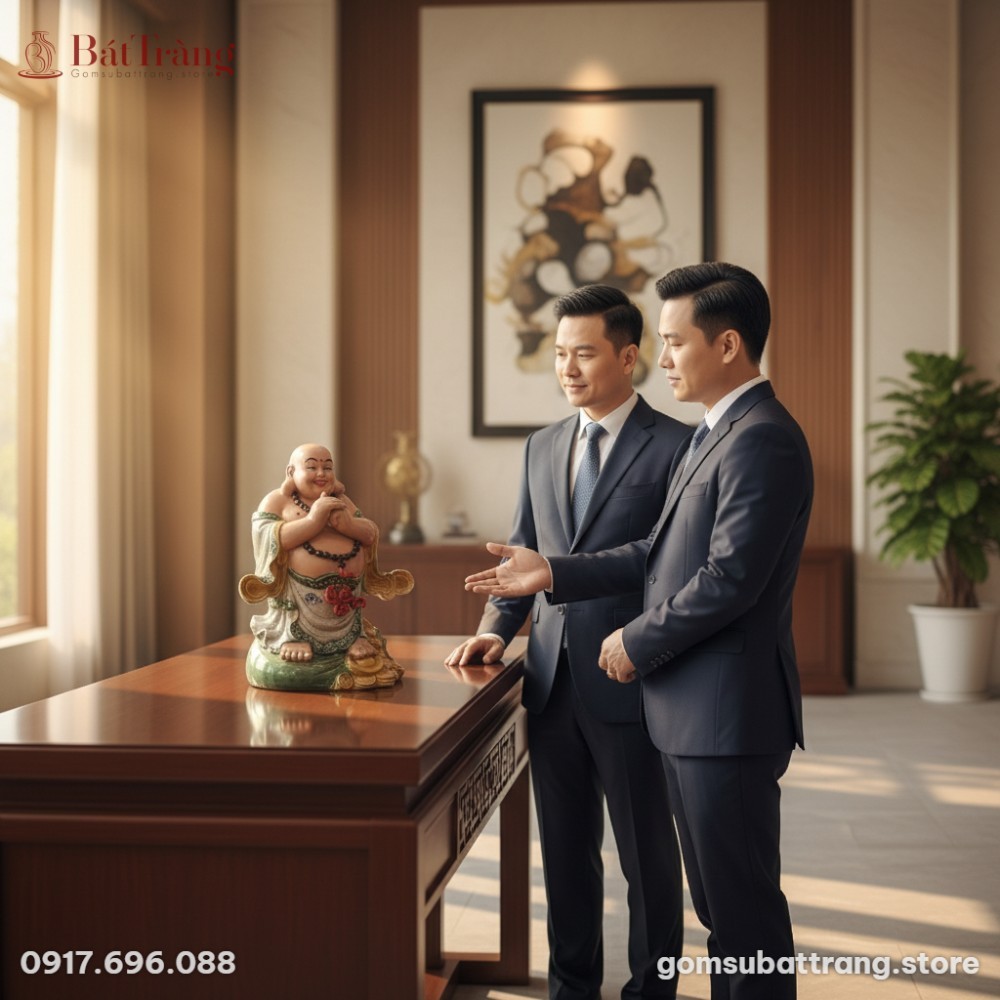 Cảnh trao tặng quà: Tượng Phật Di Lặc gốm sứ Bá...