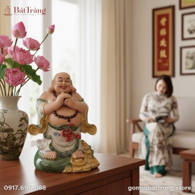 Tượng Phật Di Lặc gốm men rạn Bát Tràng đứng tr...