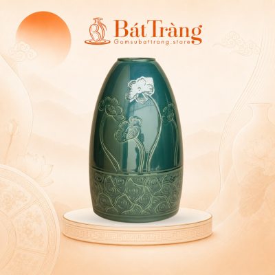 Bình Hoa Dáng Chuông Men Xanh Lục Họa Tiết Hoa Lá ST-BH03
