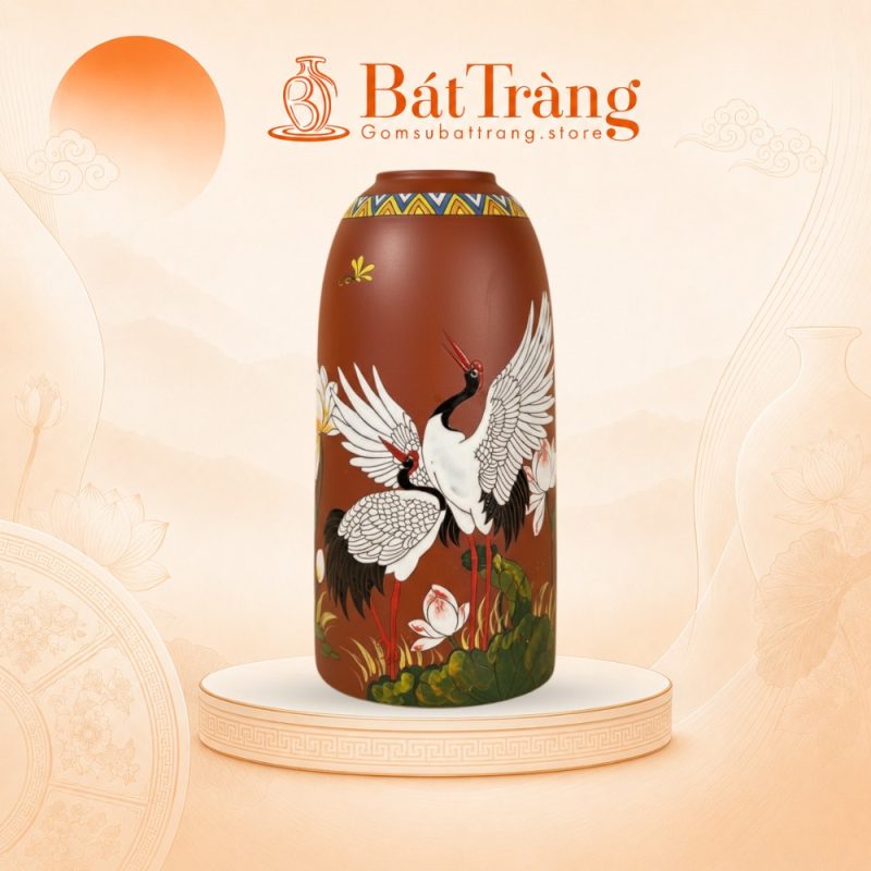 Bình Hoa Gốm Dáng Chuông Vẽ Sen Hạc Bát Tràng ST-BH05
