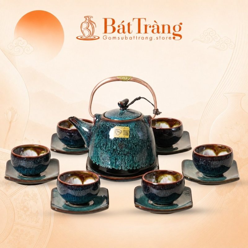 Bộ Ấm Chén Men Hỏa Biến Xanh Ngọc Lam Quai Đồng Bát Tràng ST-AC04