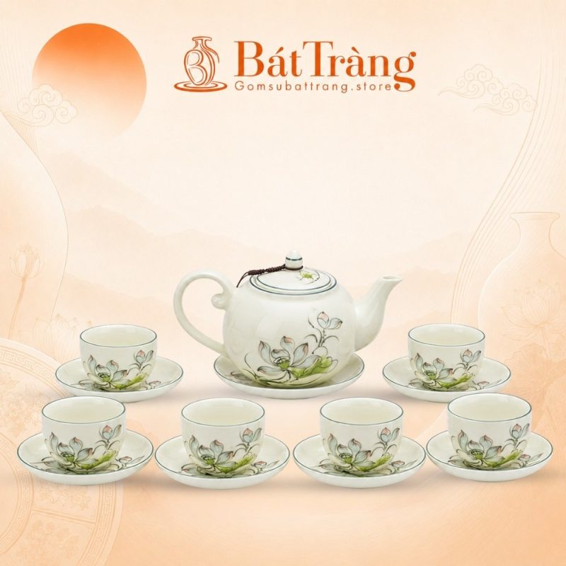Bộ Ấm Chén Men Kem Vẽ Tay Hoa Sen Thanh Tao Bát Tràng ST-AC01