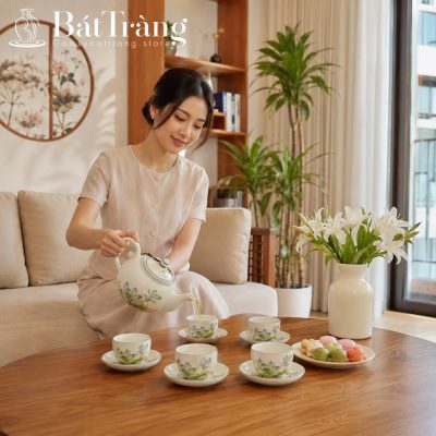 Bộ Ấm Chén Men Kem Vẽ Tay Hoa Sen Thanh Tao Bát Tràng ST-AC01 - Chi tiết 1