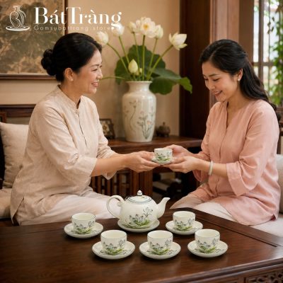 Bộ Ấm Chén Men Kem Vẽ Tay Hoa Sen Thanh Tao Bát Tràng ST-AC01 - Chi tiết 2