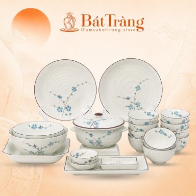 Bộ Bát Đĩa Men Kem Vẽ Hoa Đào Xanh Viền Nâu Gốm Sứ Bát Tràng ST-BD01 - Ảnh đại diện