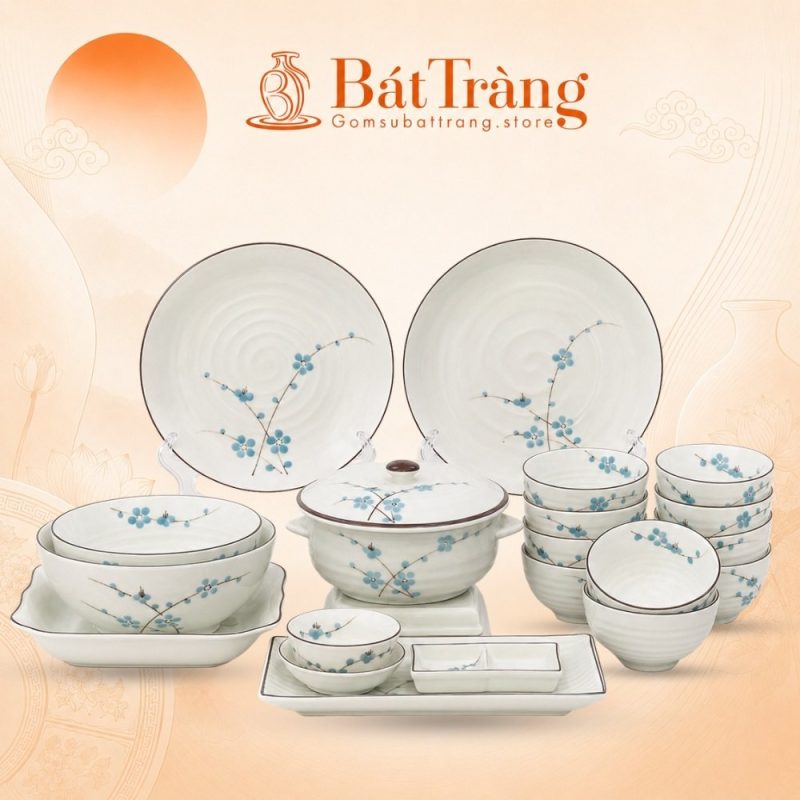 Bộ Bát Đĩa Men Kem Vẽ Hoa Đào Xanh Viền Nâu Gốm Sứ Bát Tràng ST-BD01