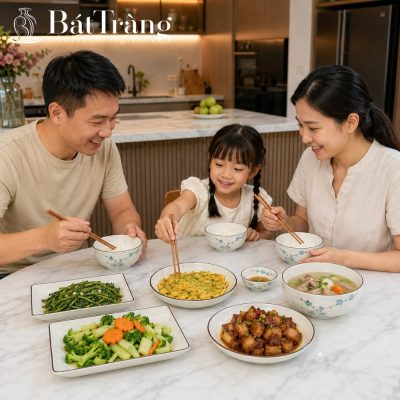 Bộ Bát Đĩa Men Kem Vẽ Hoa Đào Xanh Viền Nâu Gốm Sứ Bát Tràng ST-BD01 - Chi tiết 1
