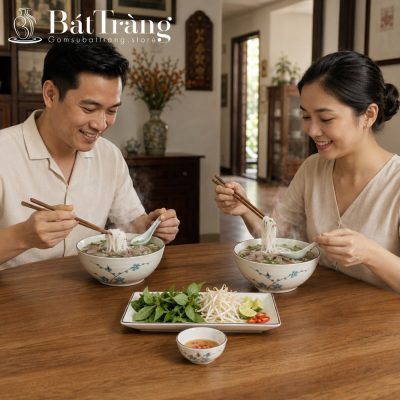 Bộ Bát Đĩa Men Kem Vẽ Hoa Đào Xanh Viền Nâu Gốm Sứ Bát Tràng ST-BD01 - Chi tiết 2