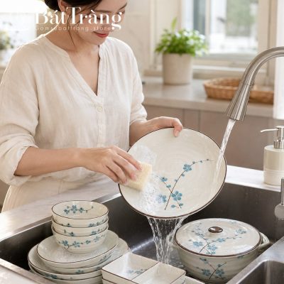 Bộ Bát Đĩa Men Kem Vẽ Hoa Đào Xanh Viền Nâu Gốm Sứ Bát Tràng ST-BD01 - Chi tiết 4