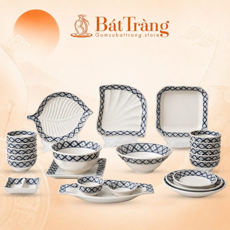 Bộ Bát Đĩa Men Kem Vẽ Họa Tiết Sọc Đen Trắng Hoa Chanh Bát Tràng ST-BD02 - Ảnh đại diện
