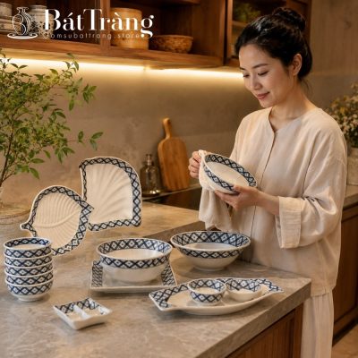 Bộ Bát Đĩa Men Kem Vẽ Họa Tiết Sọc Đen Trắng Hoa Chanh Bát Tràng ST-BD02 - Chi tiết 2