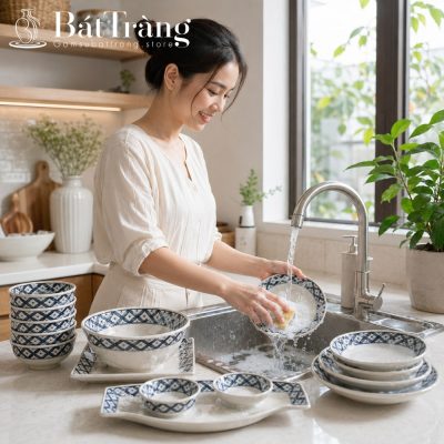 Bộ Bát Đĩa Men Kem Vẽ Họa Tiết Sọc Đen Trắng Hoa Chanh Bát Tràng ST-BD02 - Chi tiết 4