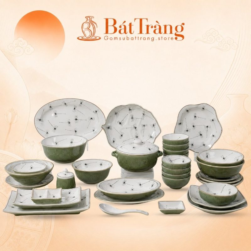 Bộ Bát Đĩa Men Ngọc Khắc Nổi Vẽ Chuồn Chuồn Trúc Bát Tràng ST-BD03