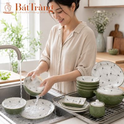 Bộ Bát Đĩa Men Ngọc Khắc Nổi Vẽ Chuồn Chuồn Trúc Bát Tràng ST-BD03 - Chi tiết 2