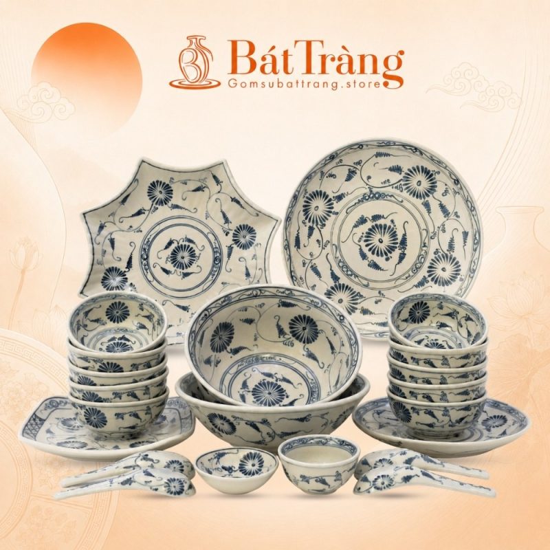 Bộ Bát Đĩa Men Rạn Giả Cổ Hoa Cúc Dây Xanh Lam Bát Tràng ST-BD04